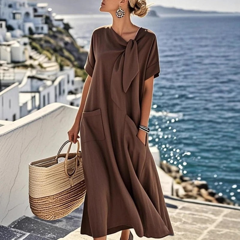 Emilia | Béžové maxi šaty s mašlí